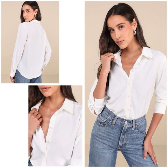 Lulu’s Upscale Composure Blouse Women's S White Pearl Trim Long Sleeve NWOT - Picture 1 of 13